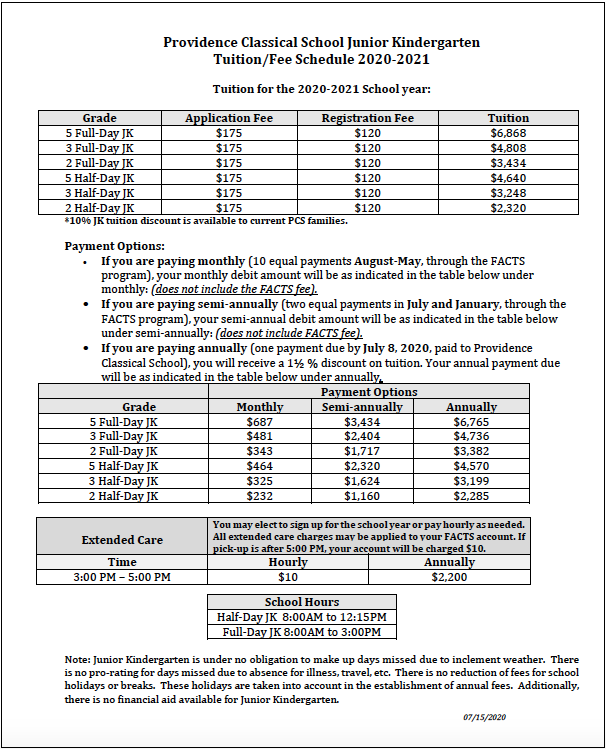 Tuition & Fees Providence Classical School